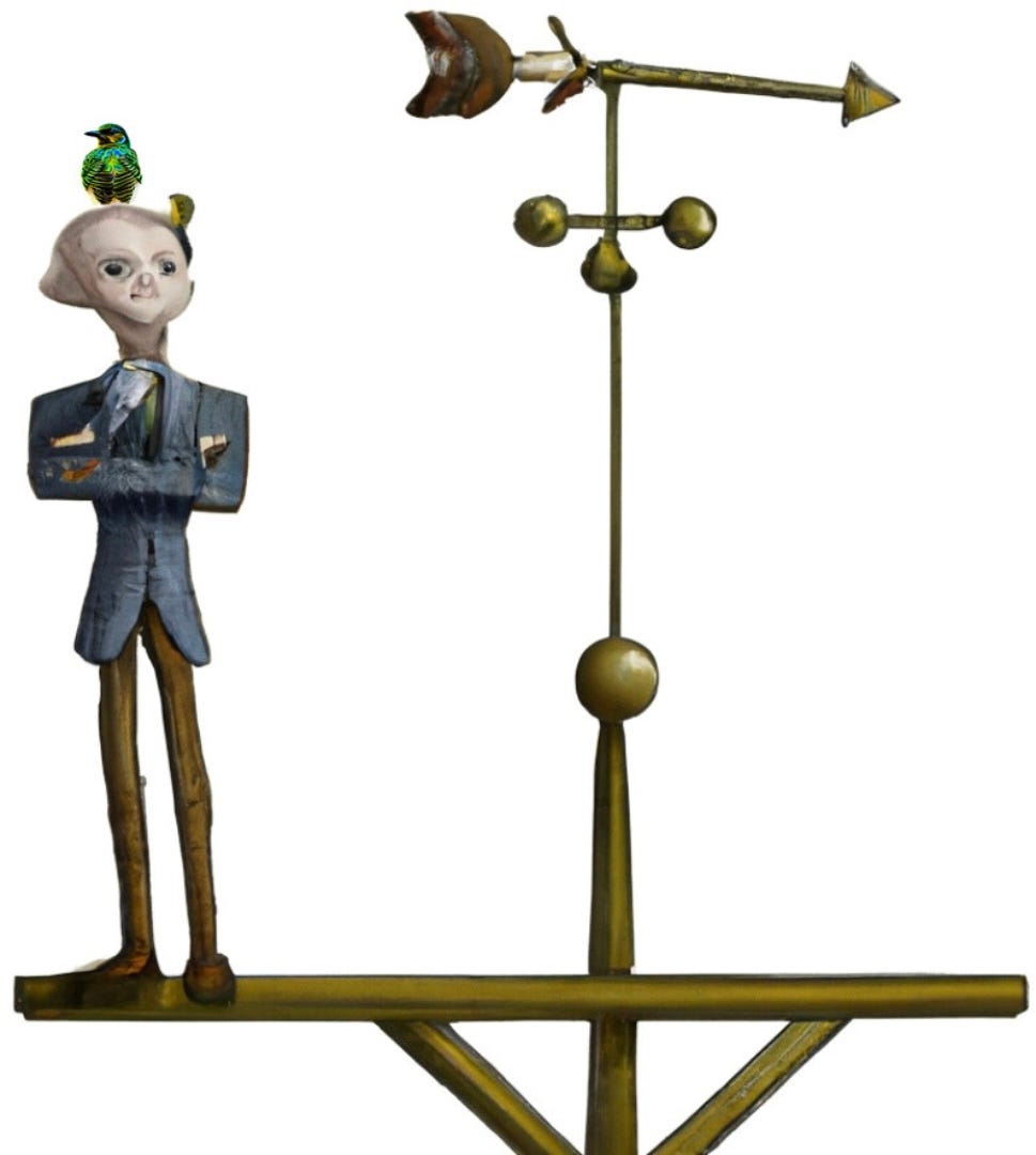 Cartoon of man in suit with arms folded and a smug look standing next to a weathervane with a small green bird perched on his head.