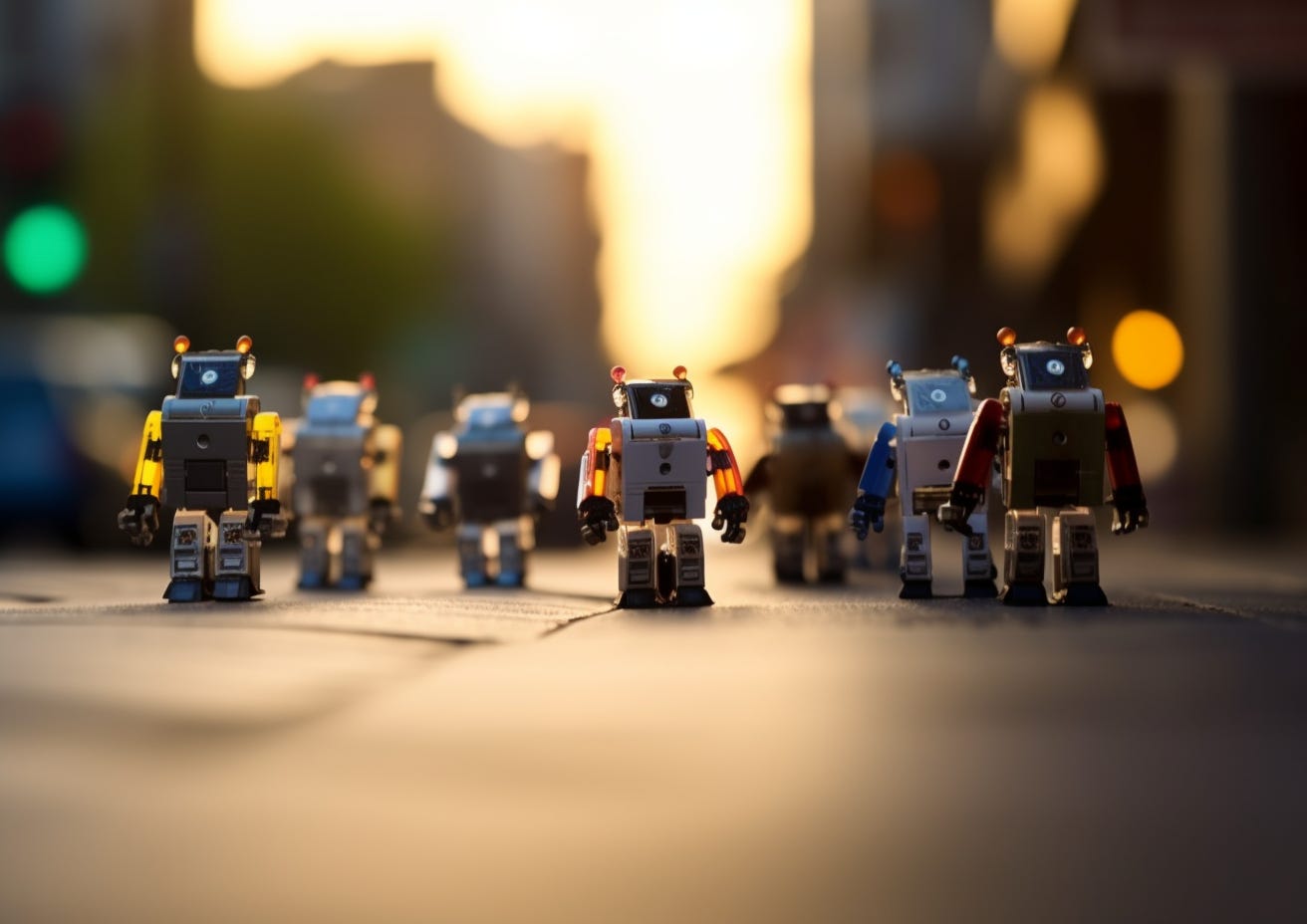 A pack of toy robots walking towards us on a city street at golden hour with shallow depth of field