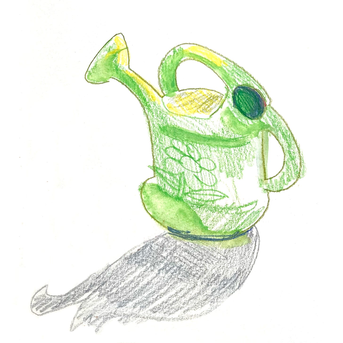 A pencil and watercolour illustration of a green plastic watering can with a long cast shadow