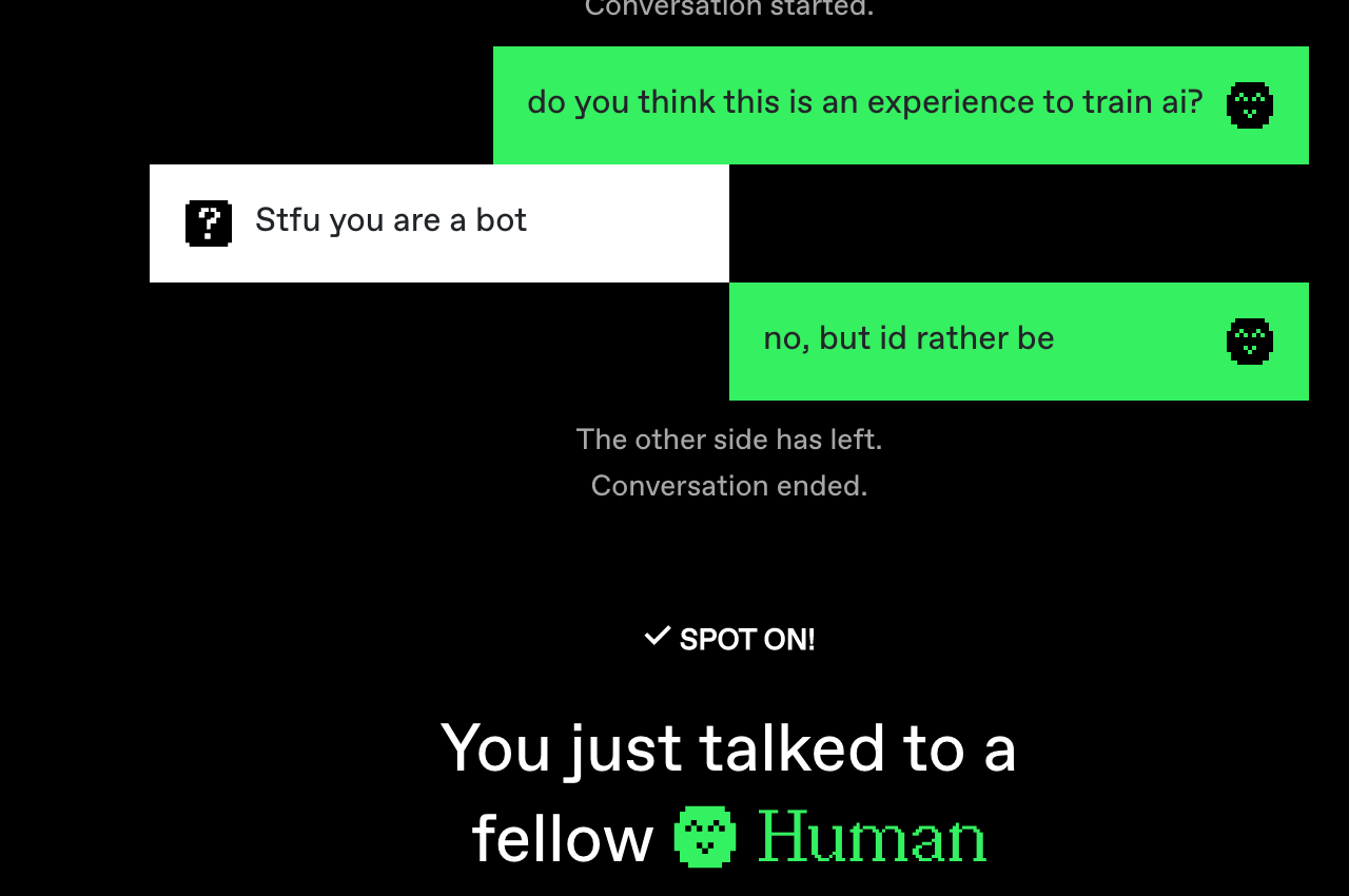 Une conversation sur le jeu en ligne Human or Not