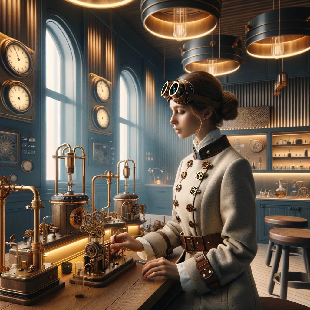 Envision a female minority inventor immersed in her groundbreaking work within the sleek confines of a simplified, steampunk-inspired science lab. This lab merges the aesthetic of Victorian engineering with modern minimalism, featuring brass and copper pipes, gears, and analog dials alongside streamlined, contemporary research equipment. Her attire blends with the environment: a tailored lab coat with steampunk accents like gear-shaped buttons and leather straps, complemented by protective goggles resting atop her head, echoing the lab's aesthetic. The lab's palette is warm, dominated by the hues of natural wood, brass, and soft, ambient lighting, avoiding the clinical blue tones typically associated with science labs. Her expression of focused determination remains unchanged, embodying her dedication to innovation. This unique setting underscores the inventive spirit and significant achievements of minority women in science, within a lab that's both an homage to the past and a beacon for the future.