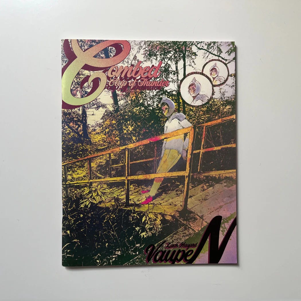 A physical copy of Combed Clap of Thunder by Zach Hazard Vaupen. The cover is a sunset-hued illustration of a character in an overgrown natural environment.