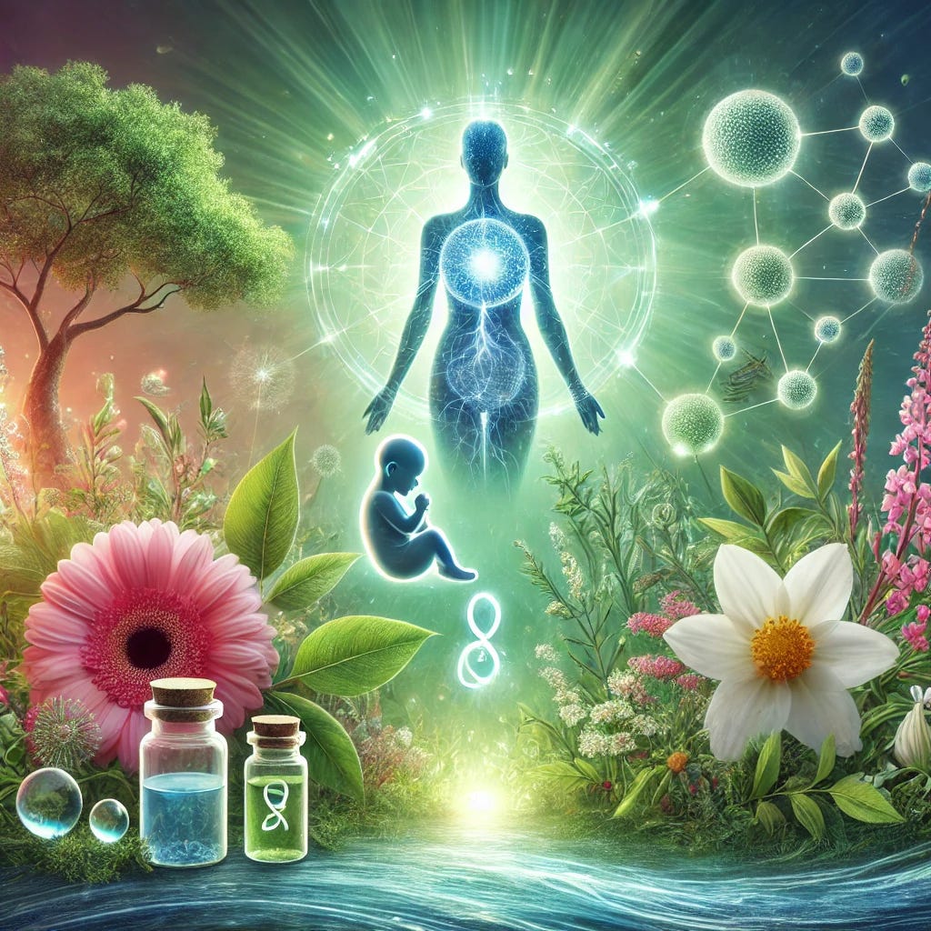 A serene and holistic scene emphasizing fertility, with elements of homeopathy, mind-body connection, and homeoprophylaxis. The image features a lush green background with vibrant plants and blooming flowers, a soft glowing aura symbolizing energy and vitality. Representations of fertility include a mother gently holding a baby, natural elements such as blooming flowers, and flowing water. Subtle homeopathic remedy bottles and interconnected energy points within a human silhouette highlight the mind-body connection. The overall ambiance is calm, natural, and nurturing, with no text.