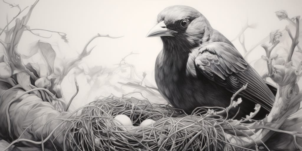 Ilustração feita por IA: um passarinho constrói seu ninho usando barbante.