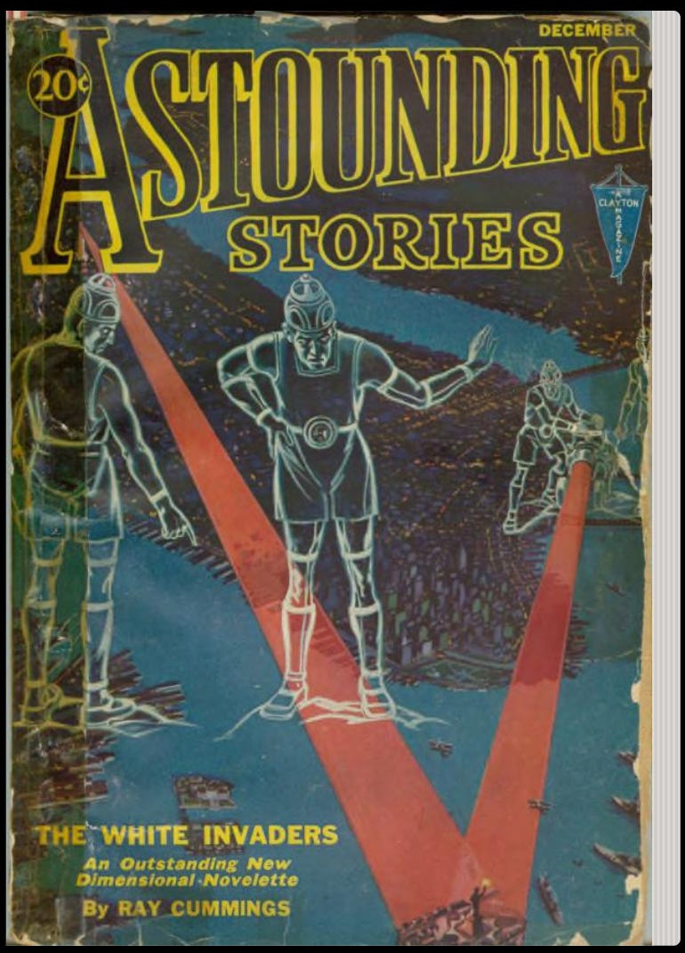 An old-timey science fiction pulp magazine. The cover shows what appear to be transparent robots.