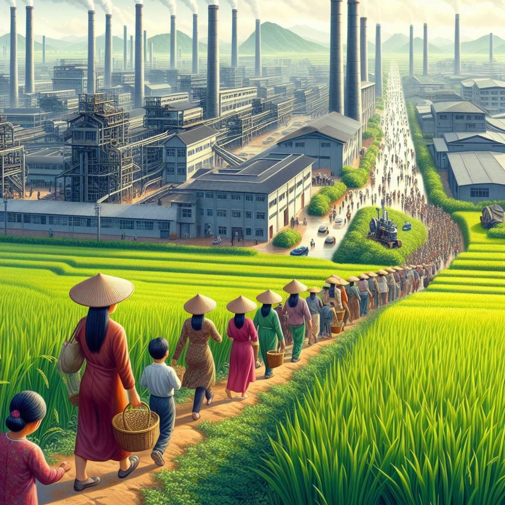 mujeres entrando a trabajar en una fabrica de China, mientras se ven campos de arroz al fondo