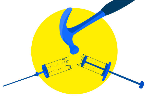 bildbanksillustrationer, clip art samt tecknat material och ikoner med platt illustration av en hammare bryta spruta , detta visar anti-vaxxer rörelse - anti vaxxer