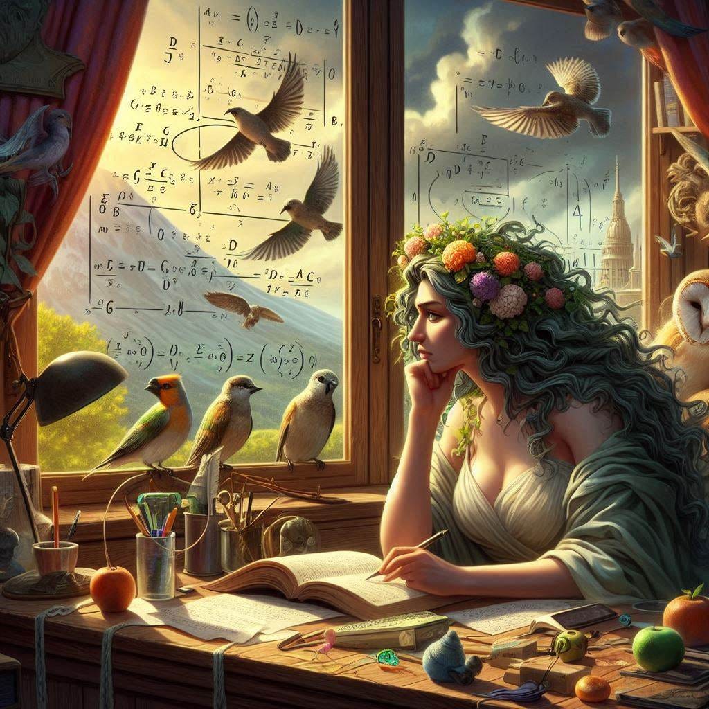 The Goddess Gaia engaged in writing down complicated equations at her desk in her studio. Outside the window, birds are looking at her, perplexed