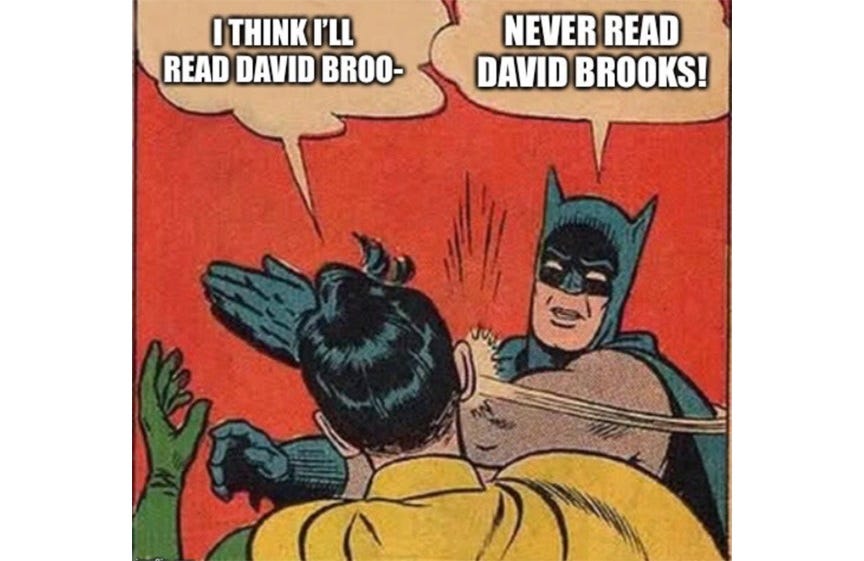 classic old meme with Robin saying 'I think I'll read David Broo-' as Batman slaps him, exclaiming 'NEVER READ DAVID BROOKS!'