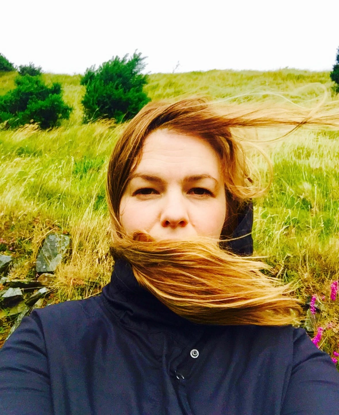 A selfie of Amber. She stands in a field. It's overcast. She wears a coat buttoned up all the way and her hood is on. Her long hair is being blown across her face by the wind. 