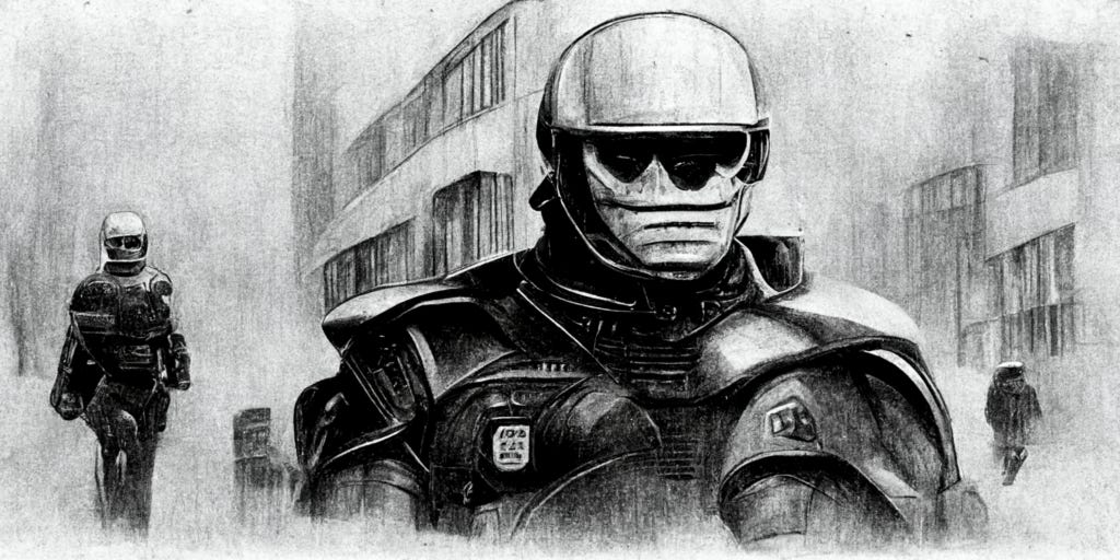 Desenho de policiais futuristas andando pela cidade. Gerado por inteligência artificial.