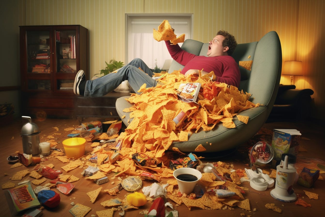 Man sitting in a large armchair completely covered in giant oversized chips