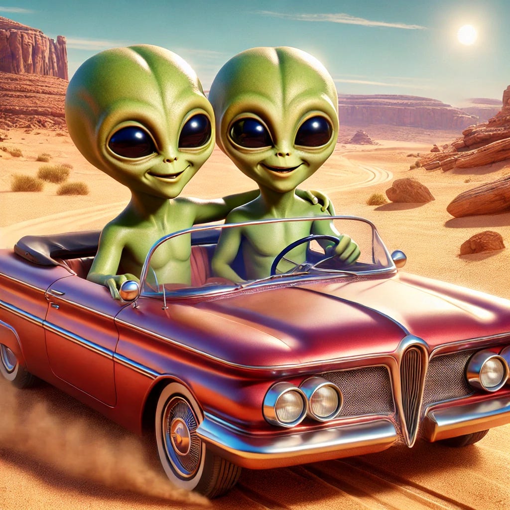 A realistic photo-style image of two friendly-looking Martians driving together in a convertible through a vast desert landscape. The Martians have smooth green skin, large expressive eyes, and friendly smiles. One is driving while the other enjoys the ride, looking at the scenery. The convertible is a classic red car with the top down, kicking up a little dust on the desert road. The background features sand dunes, rock formations, and a bright blue sky with a few wispy clouds. The scene has a warm, inviting atmosphere.