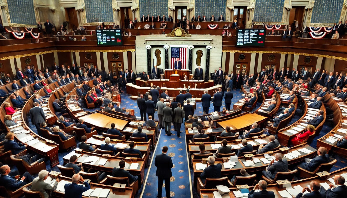 A scene inside the US House of Representatives with members voting on a defense bill. The chamber is bustling with activity, filled with representatives at their desks, some standing and conversing. The Speaker of the House is at the podium, overseeing the proceedings. Electronic voting boards display the votes in progress. Flags, banners, and other official decorations are present, emphasizing the importance of the occasion. The atmosphere is serious and focused, capturing the weight of the legislative process.