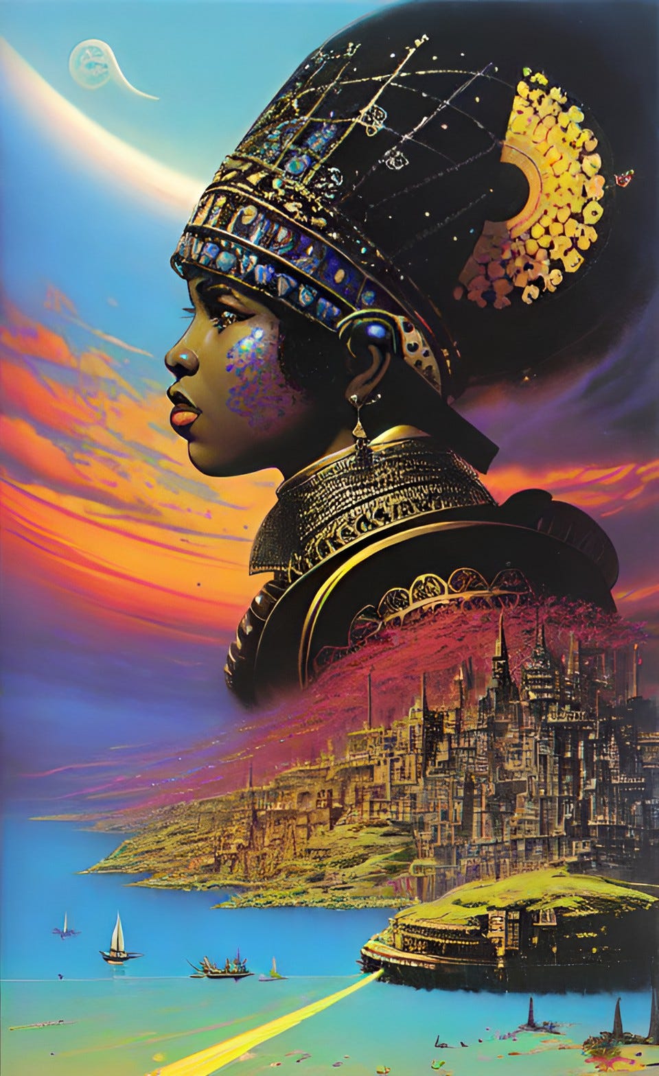 a brown-skinned woman's head wearing a queen's crown is superimposed over the sky in the background with a city on a hill and the ships at sea below in the foreground