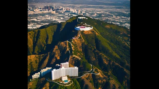 Image for article titled A viral photo of &#39;Hollywood Mountain&#39; California completely fake — and of course made by AI