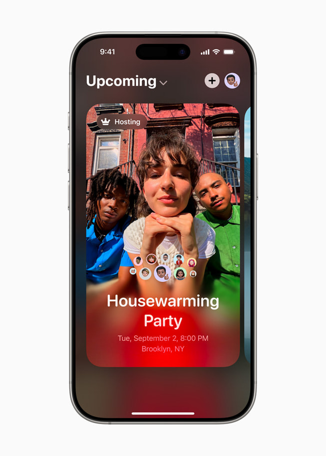 iPhone 16 Pro shows an invite for a housewarming party in the Apple Invites app.