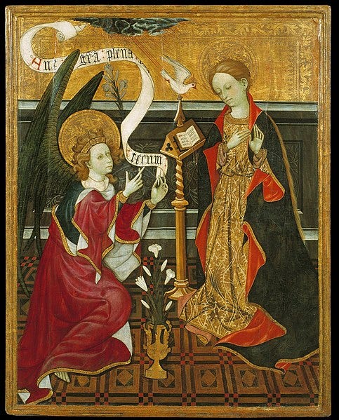 Annunciation: Mary and Gabriel, highly stylized, loads of gold