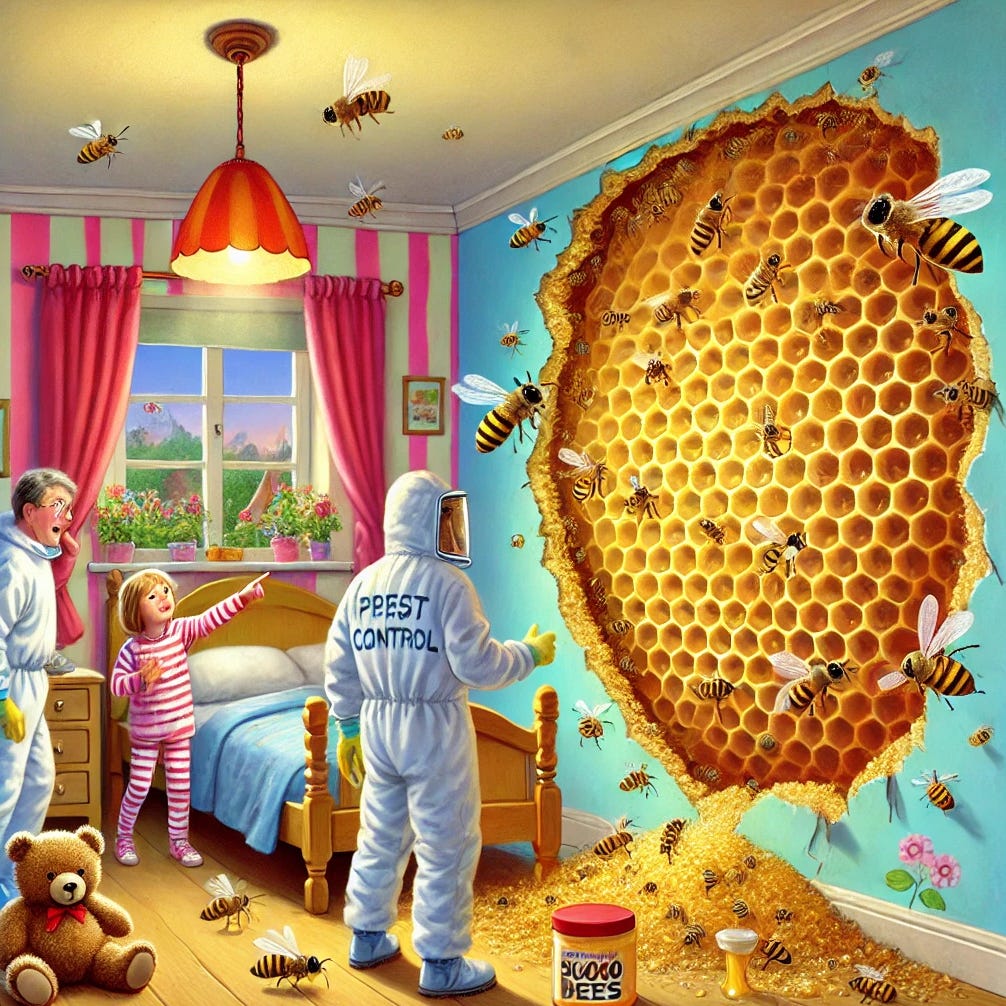 A painting of bees flying out of a wall

Description automatically generated