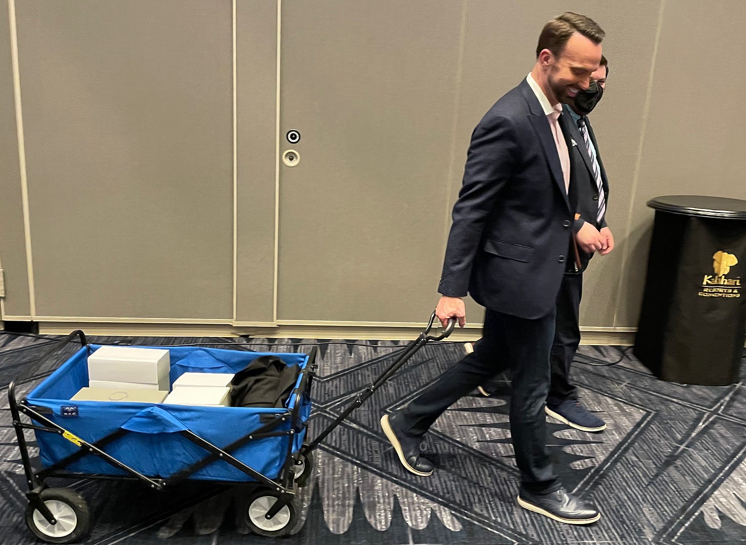 Man using wagon to take home embarrassing number of awards