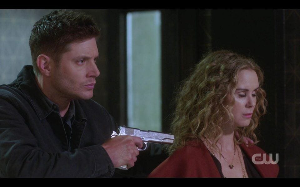 Dean Winchester holds gun on mom witch SPN