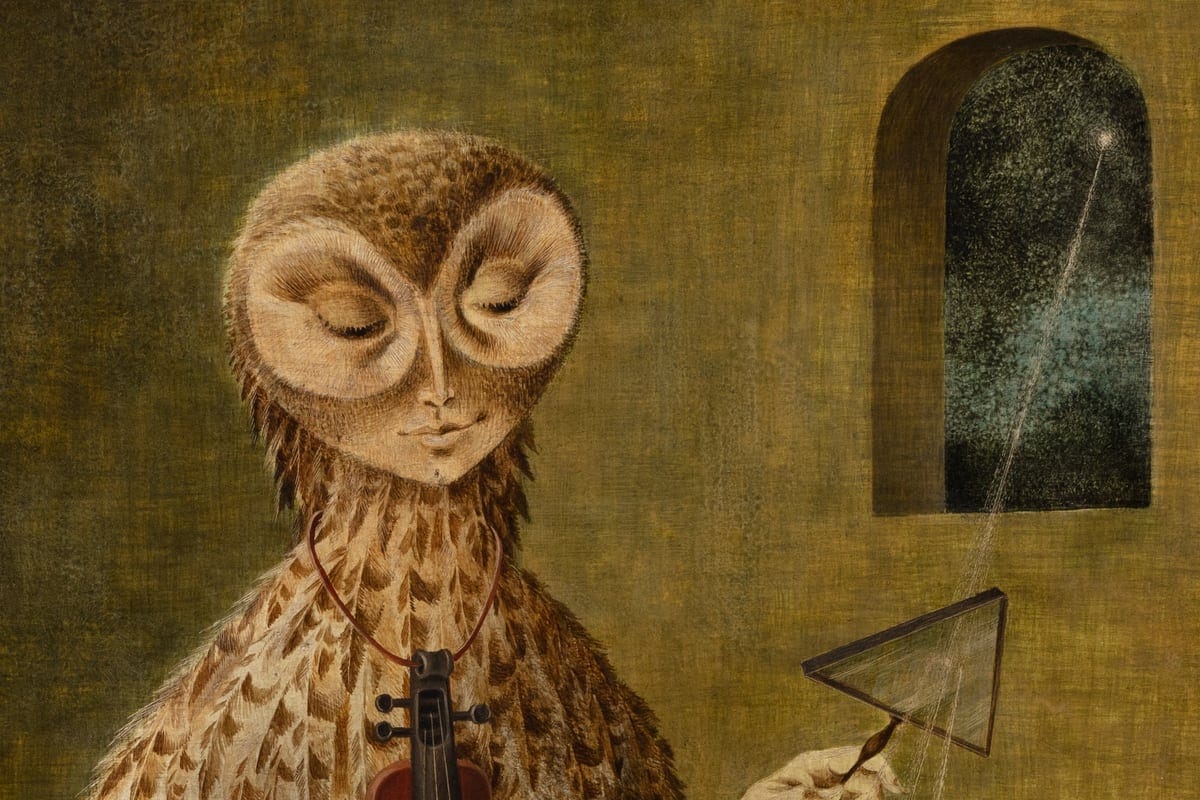 An artwork blending human and owl features; the subject has an owl’s head and a human’s body, holding a violin and bow. The background suggests an old textured canvas, with a tall arched window showing a night sky. The overall mood is serene and surreal.