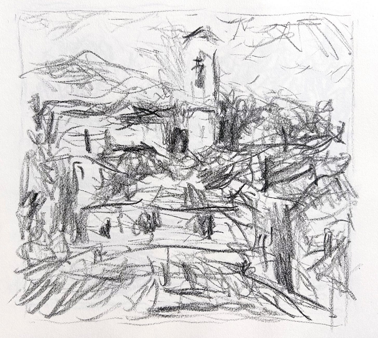 Black-and-white sketch of French landscape with buildings