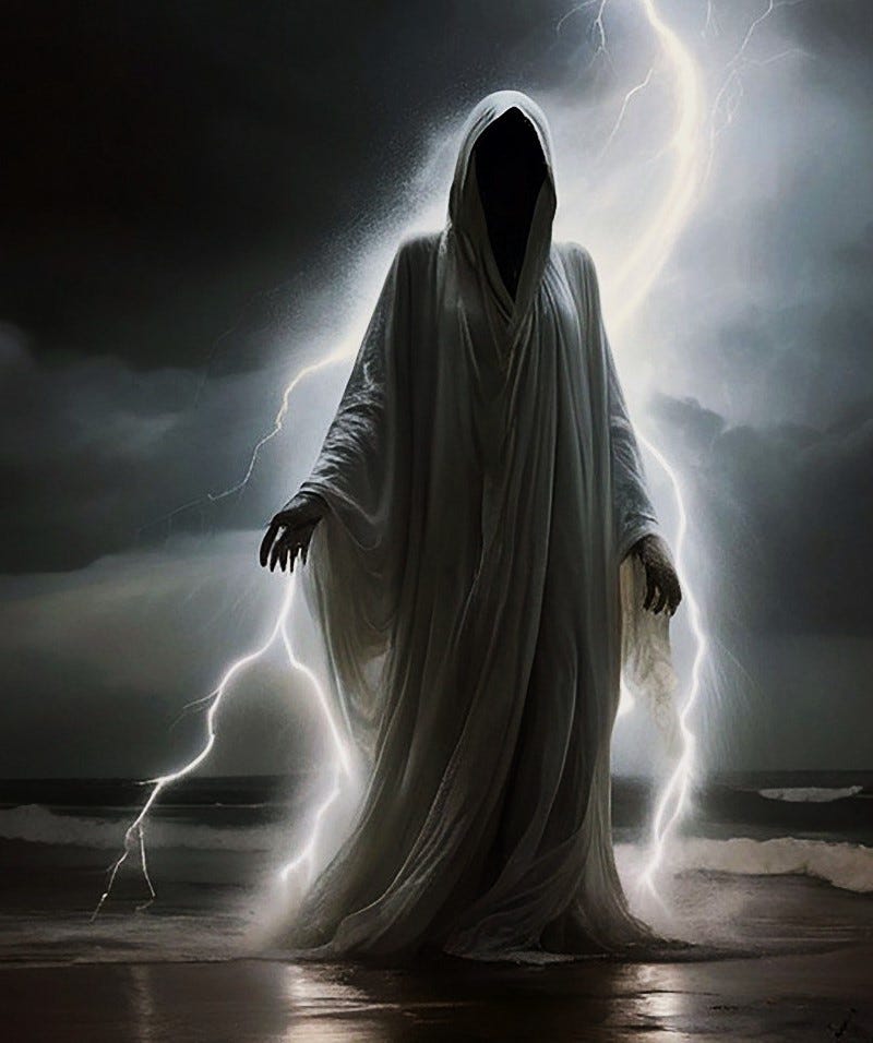 Ghost on a beach surrounded by lightning