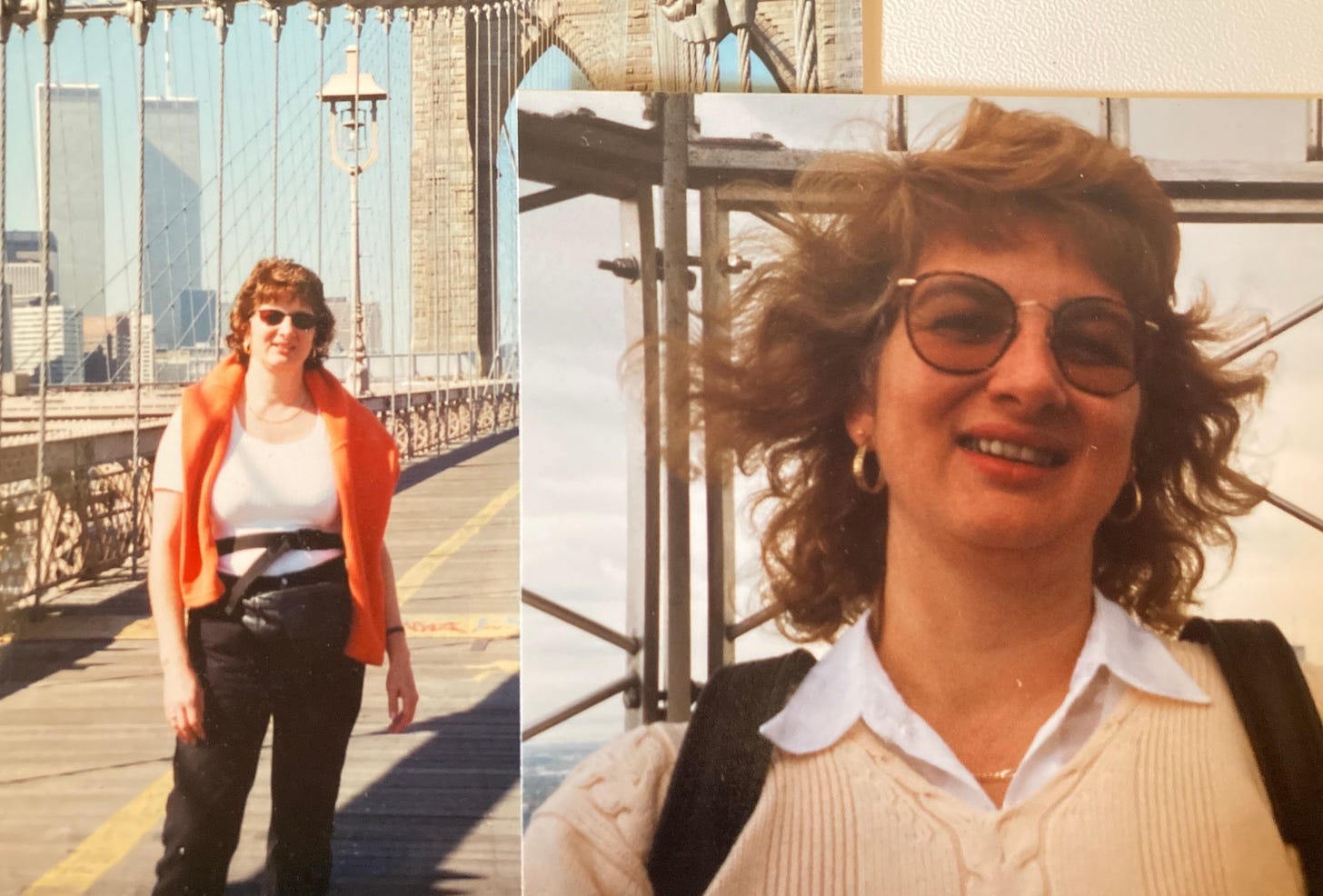 Two photos of a middle aged woman smiling in New York City one standing on Brooklyn Bridge with the Twin Towers in the background and the other standing at the top of The Empire State Building taken by Yasmin Chopin