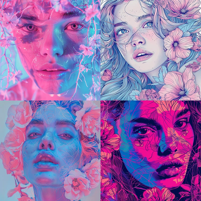 Photographic portrait of beautiful woman with flowers in pink and blue tones