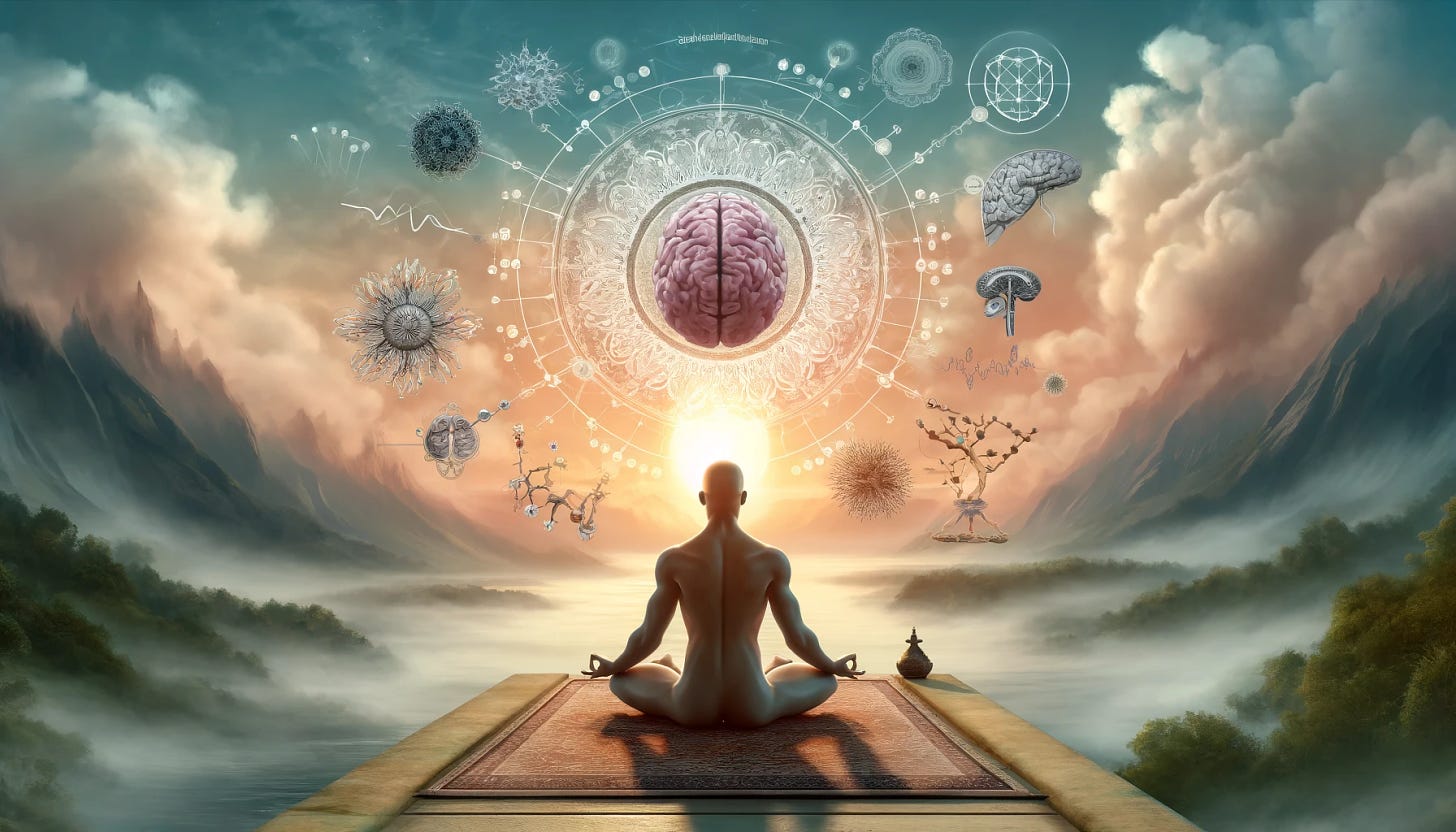 Illustrate a conceptual scene depicting the intersection of ancient yogic practices and modern neuroscience in a 16:9 format. Visualize the Yoga Sutras, ancient texts that guide the practice of yoga, merging with the realm of neuroscience. Imagine a serene, meditative figure practicing yoga in a tranquil, nature-inspired setting, surrounded by symbols of neurons, brain waves, and scientific diagrams. This figure should embody the essence of tranquility and mindfulness, while the surrounding elements should represent the complex workings of the human brain and the insights provided by neuroscience. The setting is peaceful, with a soft sunrise or sunset casting gentle light across the scene, highlighting the fusion of tradition and science.