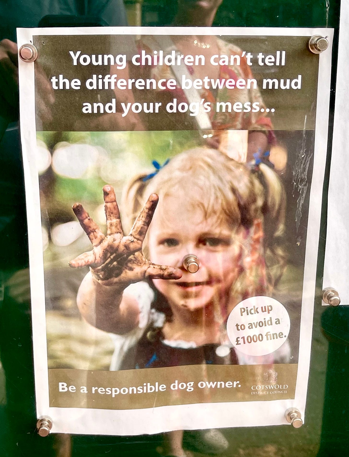 a posted flyer picturing a young girl with dirty hands reading, "Young children can't tell the difference between mud and your dog's mess. Be a responsible dog owner."