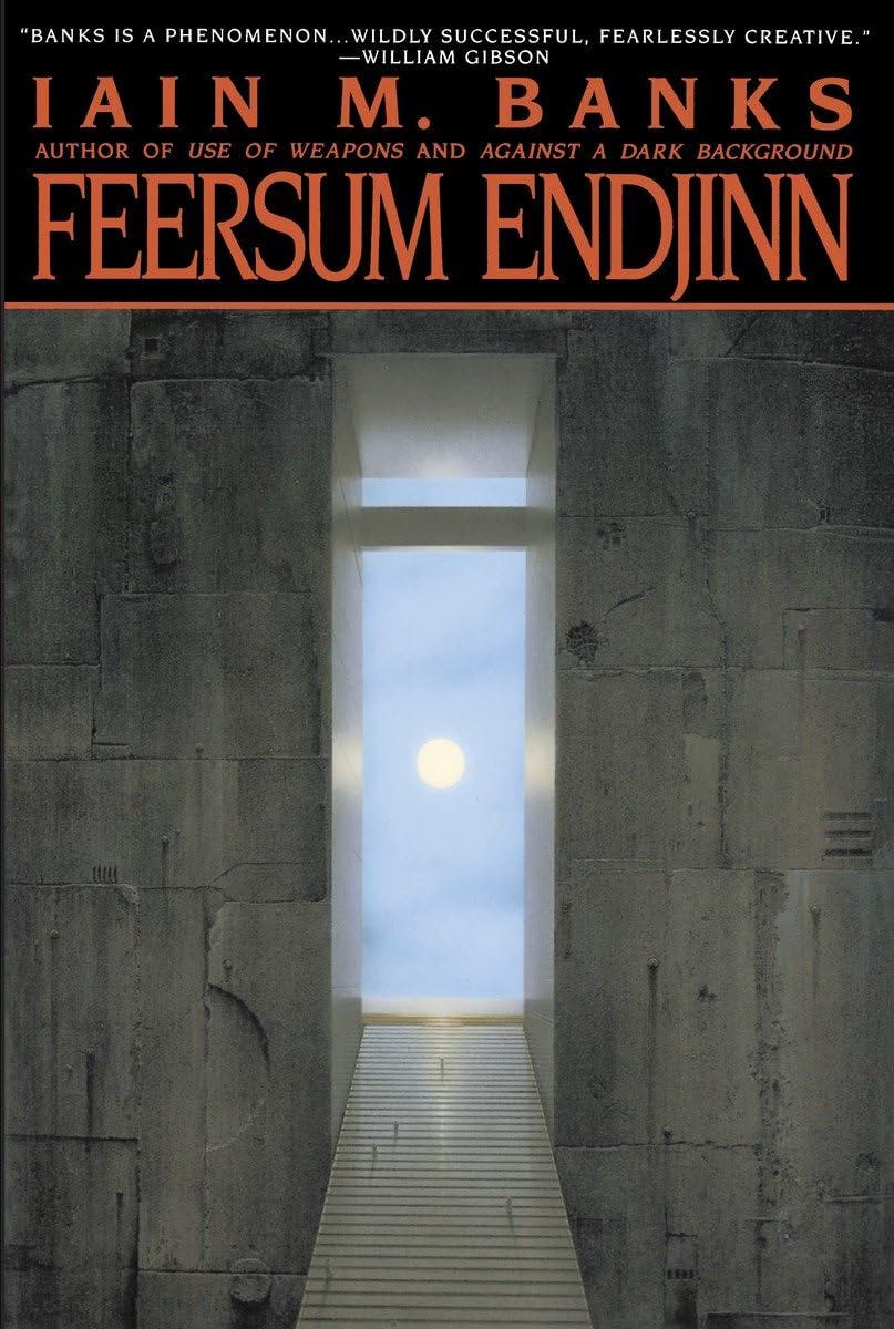 Book cover for FEERSUM ENDJINN by Iain Banks, published by Bantam Spectra