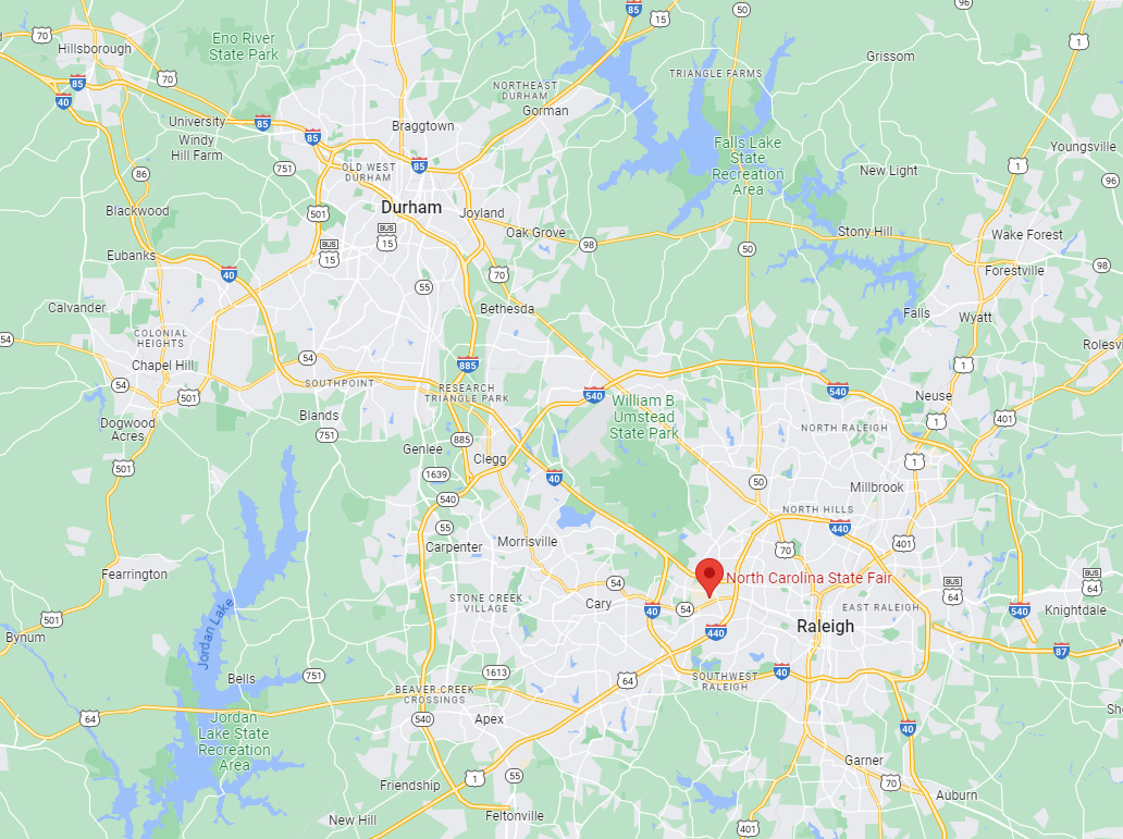 Google Maps view of the Research Triangle; North Carolina State Fairgrounds location shown with red pin