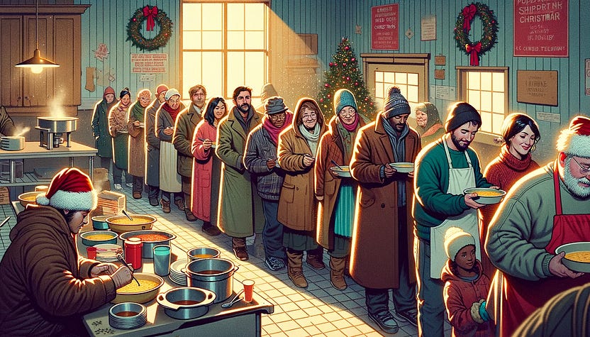 Many diverse poor people lining up in a soup kitchen