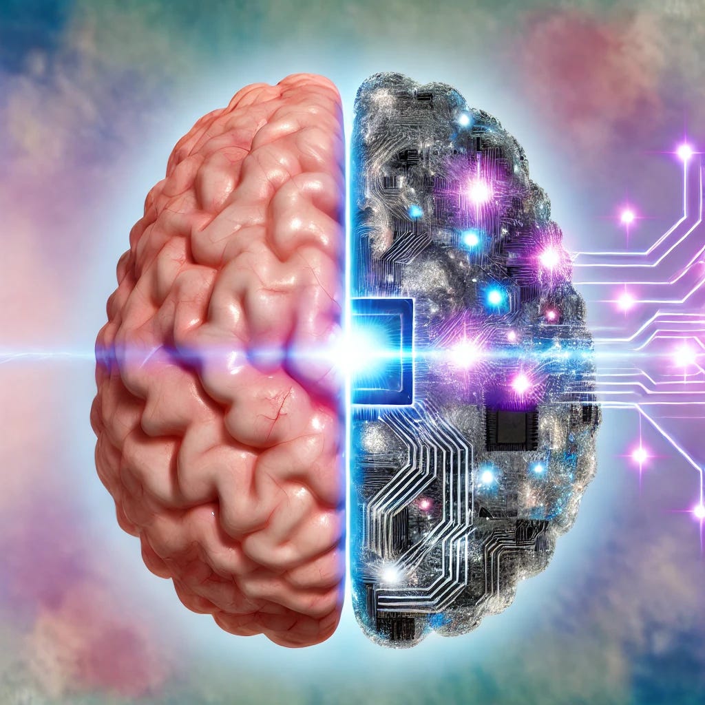 A highly detailed visualization of a human brain merged with an AI brain. One half of the brain is organic, with realistic textures of brain matter, veins, and subtle lighting, while the other half represents an AI brain, with a sleek, futuristic design. The AI side is made of glowing circuits, data streams, and metallic structures. The merging point between the two sides should blend seamlessly, showing a transition from organic to digital. The background is abstract, with soft gradients of blue and purple hues, symbolizing the fusion of human and machine intelligence.