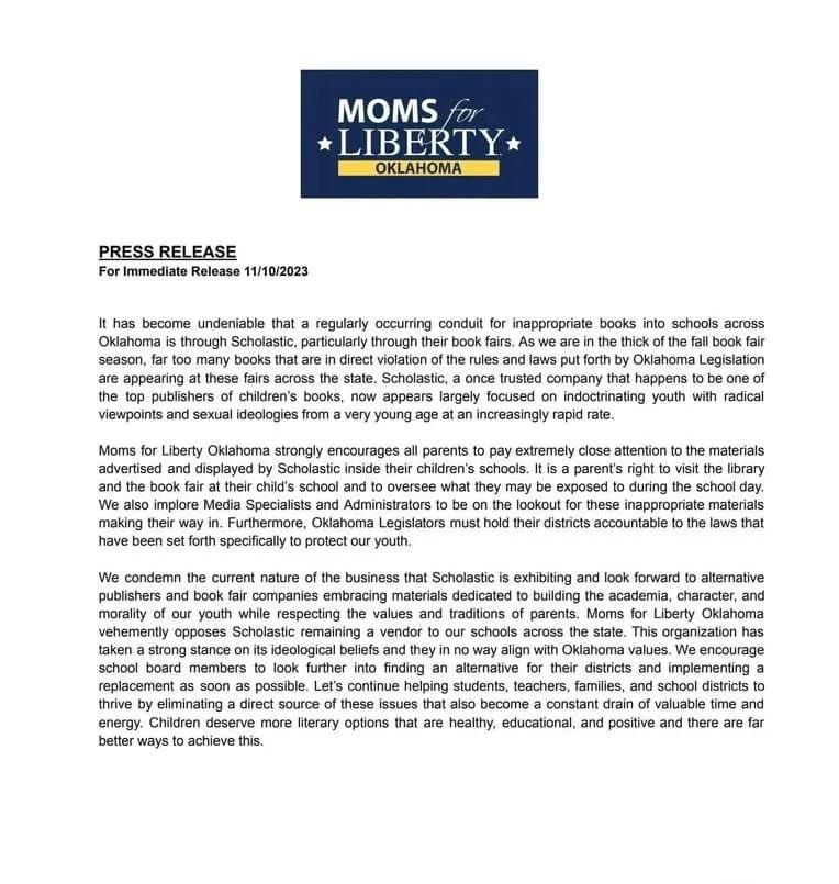 press release from moms for liberty oklahoma demanding the end of scholastic book fairs in the state.