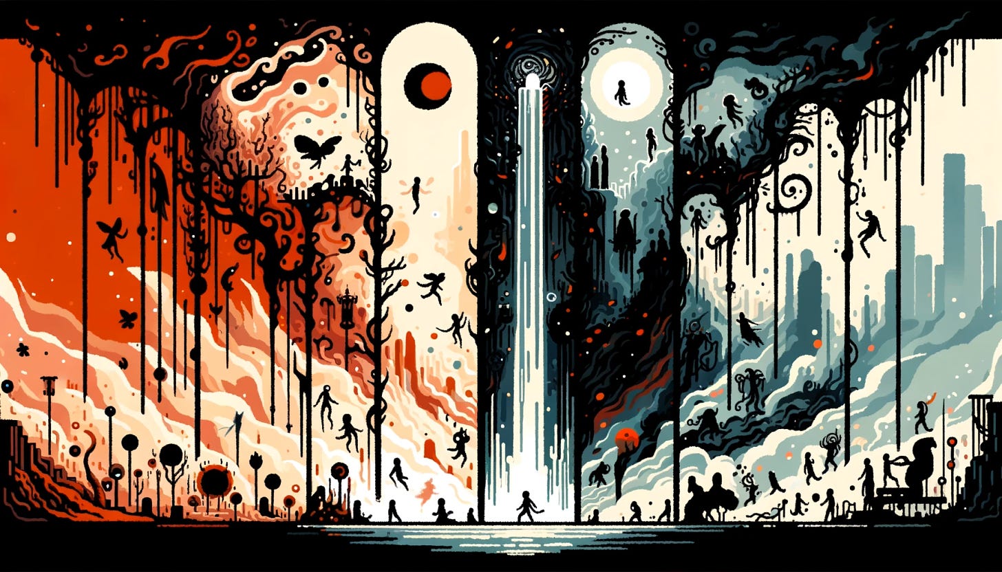 Create a 16-bit style video game cutscene with a simpler, more abstract design, inspired by the poem 'IN C (QUELL)'. The image should capture a world engulfed in turmoil and transformation, using basic shapes and a limited color palette to convey a sense of calamity, constraint, and renewal. Elements might include abstract forms representing cascading chaos, crestfallen figures, and environments that suggest a landscape both corroded and cauterized. Characters, if depicted, are silhouettes embodying the dual themes of complicity and coercion, amidst backgrounds that reflect a cryptic and circuitous world. The use of contrasting dark and light areas can symbolize the poem’s exploration of dichotomies—destruction and cleansing, coercion and contrition. The overall atmosphere should be one of a world in a state of flux, marked by the cyclicality of chaos and quelled by moments of clarity and renewal.