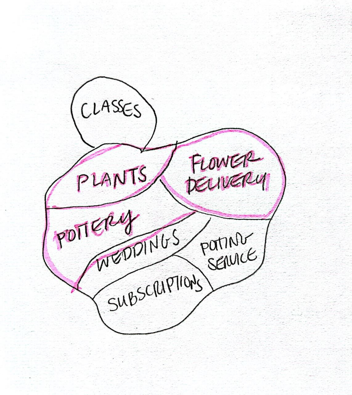 A hand-drawn diagram with various business segments in a clustered layout. The segments are labeled "Classes," "Plants," "Pottery," "Flower Delivery," "Weddings," "Subscriptions," and "Potting Service," with some segments highlighted in pink.
