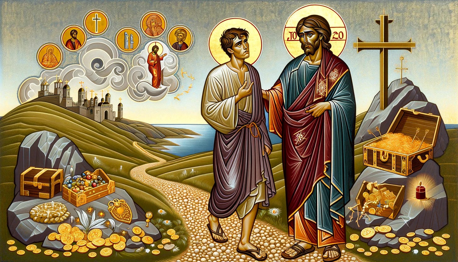 An iconographic depiction inspired by the story of the rich young ruler from Mark 10:17-22. Jesus is depicted in the center, looking compassionately at a young man dressed in fine clothes who is walking away sorrowfully. In the background, a path leads towards a cross on a hill, symbolizing the call to follow Jesus and the sacrifice involved. Surrounding them are stylized symbols of wealth such as coins, jewelry, and a treasure chest, emphasizing the material possessions the young man is reluctant to give up. The scene should have a flat, stylized look typical of religious icons, with gold leaf accents and a sense of spiritual conflict and the challenge of true discipleship.