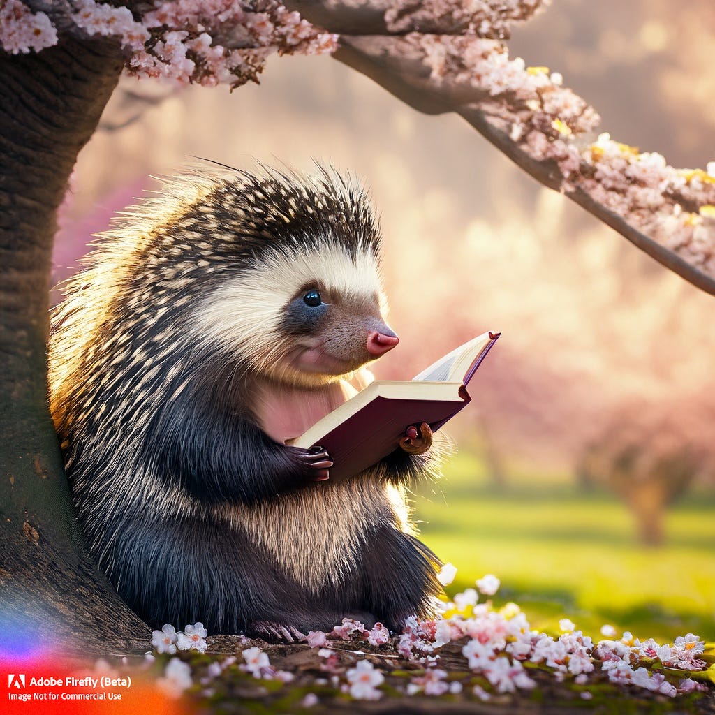 AI generated image of a studious porcupine reading a book at the base of a cherry tree with blossoms.