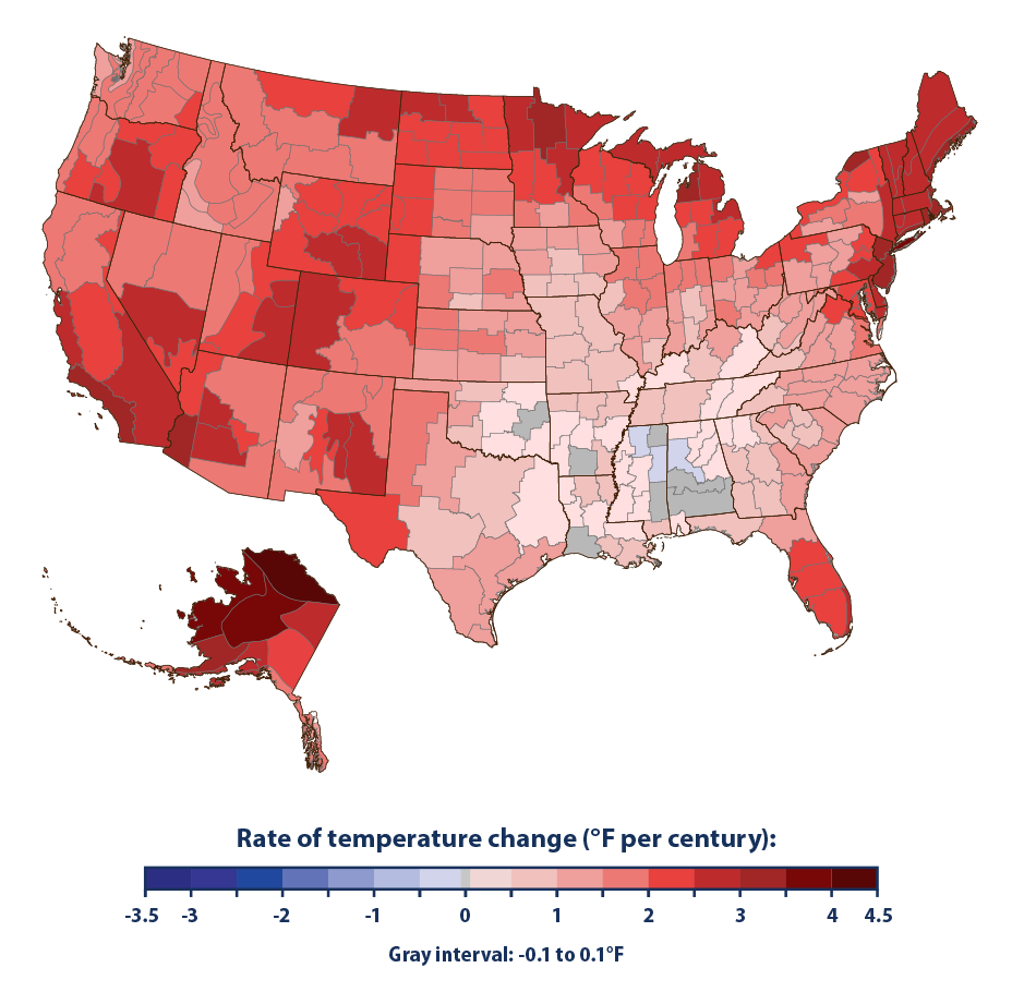 A map of the United States showing temperature change rates by regions, most of it colored red to indicate increases in temperature over the past century of up to roughly 4 degrees F.