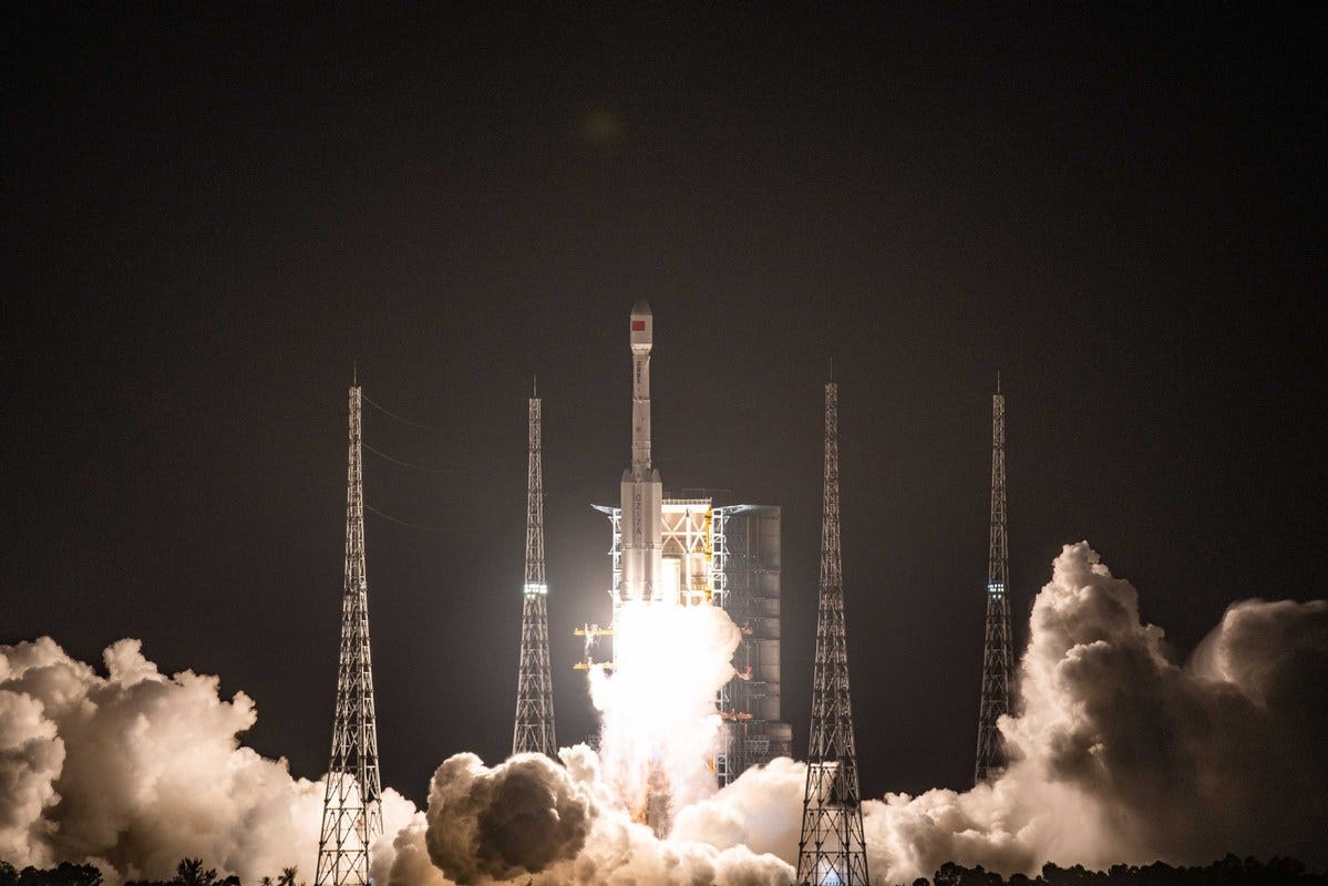 The Long March 7A Y9 vehicle lifting off from LC-201 at the Wenchang Space Launch Site.