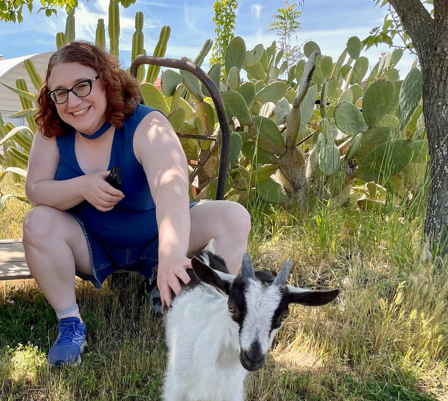 A picture of me smiling in blue jean shorts, blue sneakers, and a blue tank top as I sit on top of a pushcart of some kind in front of a cactus and pet a black and white baby goat with my left hand while holding my cell phone against my chest in my right hand. 