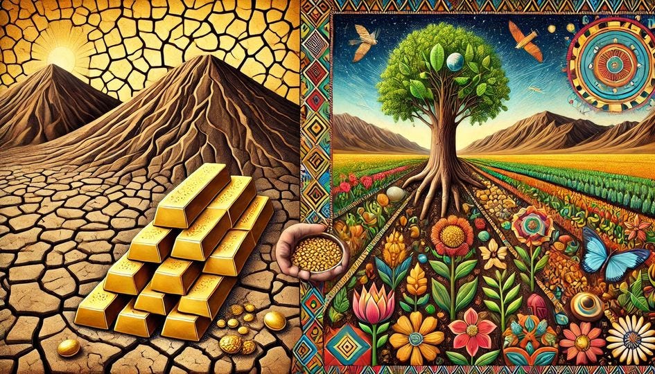 Gold cannot be eaten, plants can.  Where's the true value.