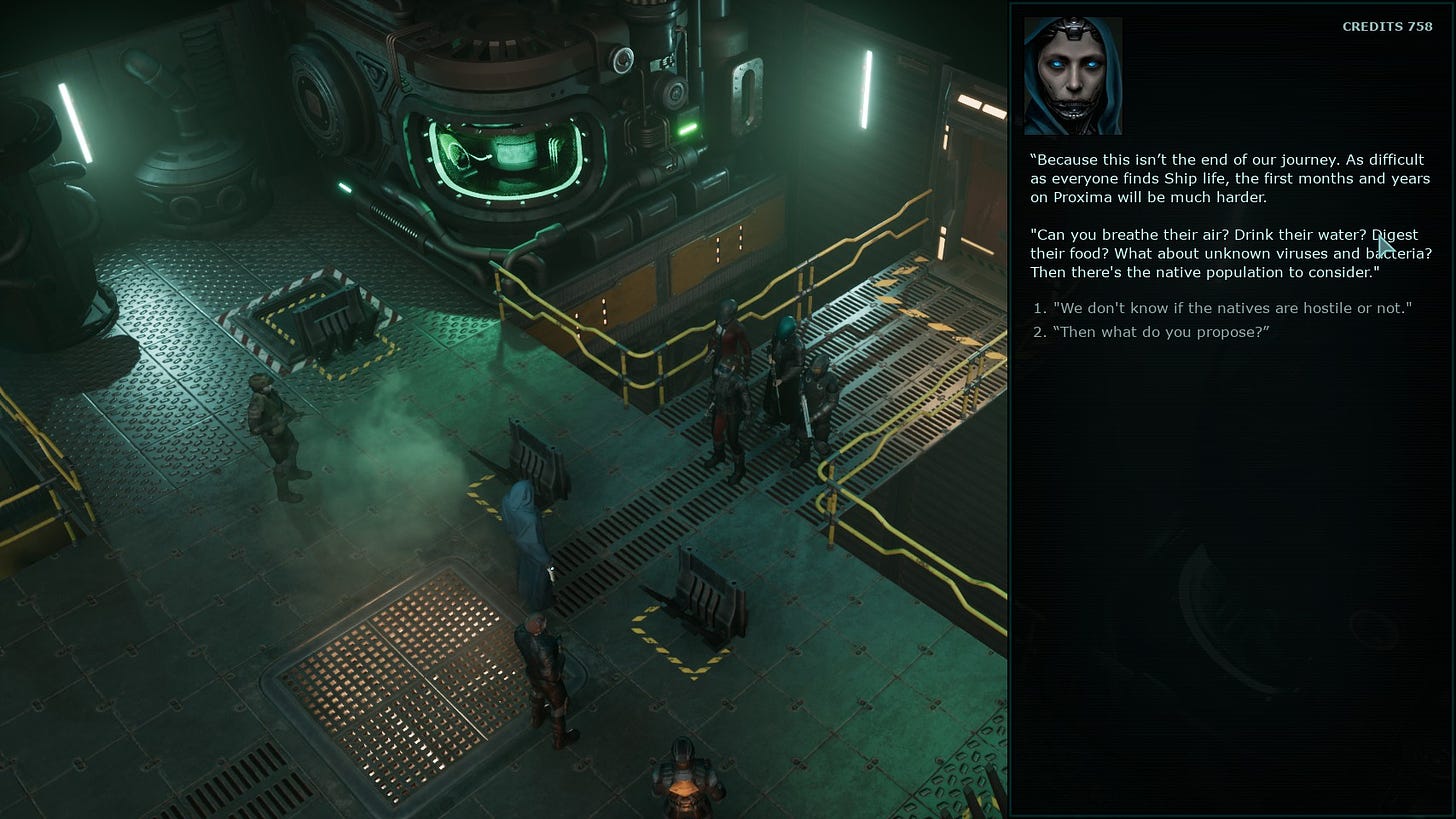 A screenshot of the game Colony Ship: A Post-Earth Role Playing Game, showing a dialogue with the NPC called Ava, discussing human adaptation to the Proxima B planet.