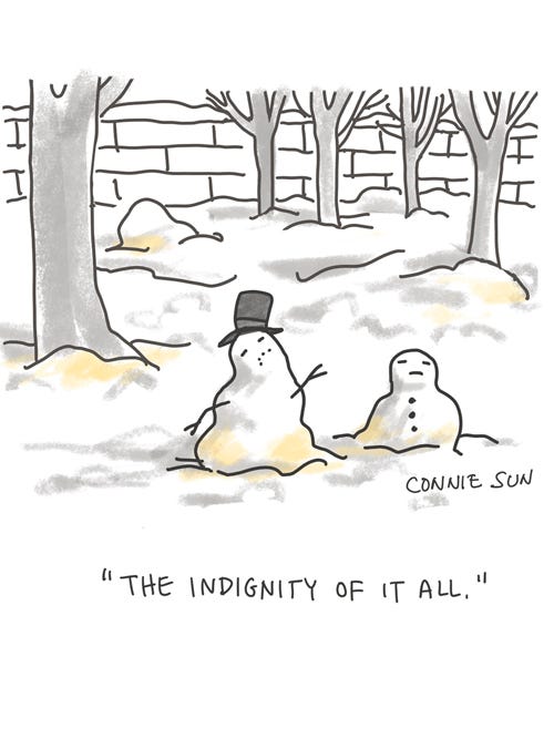 sketchbook drawing, illustration of melting snowman that has been peed on, nyc scene, winter humor, cartoon by Connie Sun, cartoonconnie