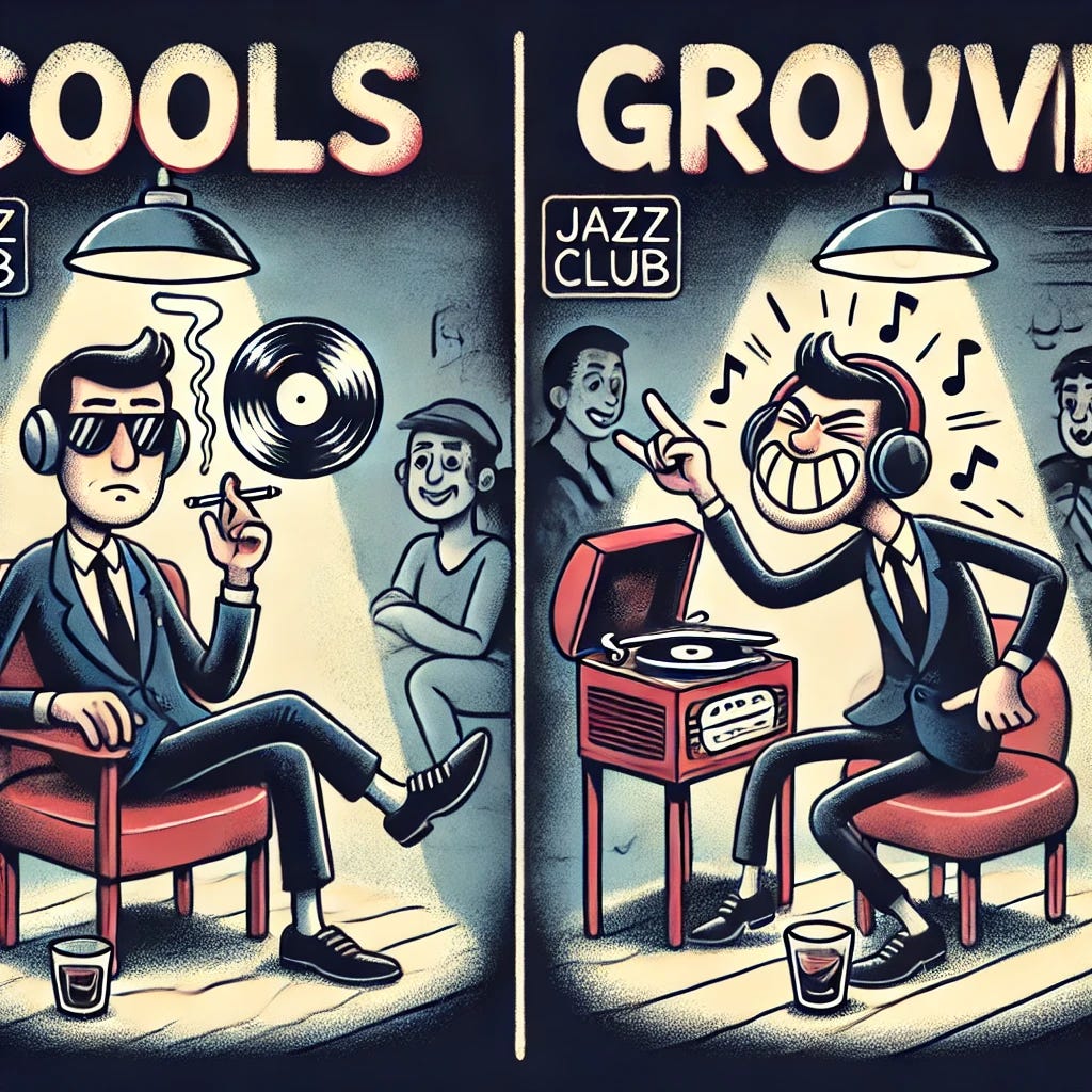 A humorous yet stylish illustration contrasting 'Coolness' and 'Grooving' in a jazz club setting. The 'Coolness' side features a person exuding calm, listening to an old record player, with a cigarette in hand and a relaxed expression, embodying a classic, effortless style. On the 'Grooving' side, a person is fully engaged in the music, snapping fingers, bobbing their head, and tapping their feet with enthusiasm. The jazz club atmosphere is dimly lit and cozy, with a vintage vibe. The image captures the playful contrast between the calm, retro cool and the animated, lively groove.