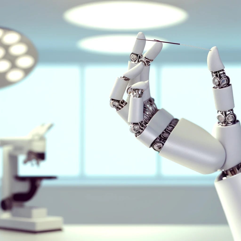 A futuristic robot hand in a laboratory setting, engaging in the precise task of threading a needle. The robot’s hand is metallic with complex articulations, mimicking human dexterity. This setting illustrates the cutting-edge technology involved in quasi-physical simulators, emphasizing precision and advanced robotics in a clean, modern environment with soft lighting and high-tech equipment.