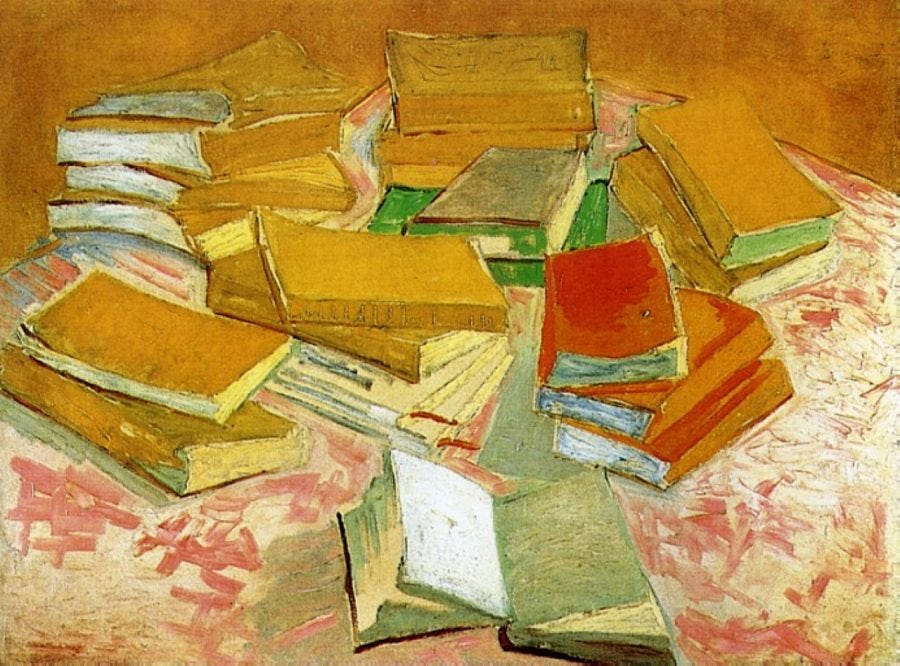 Painting of many piles of books on a patterned carpet -- one in the foreground lies open